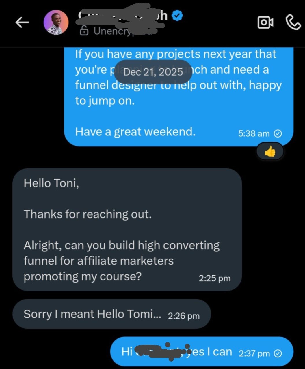 WhatsApp conversation with a prospect about a funnel project