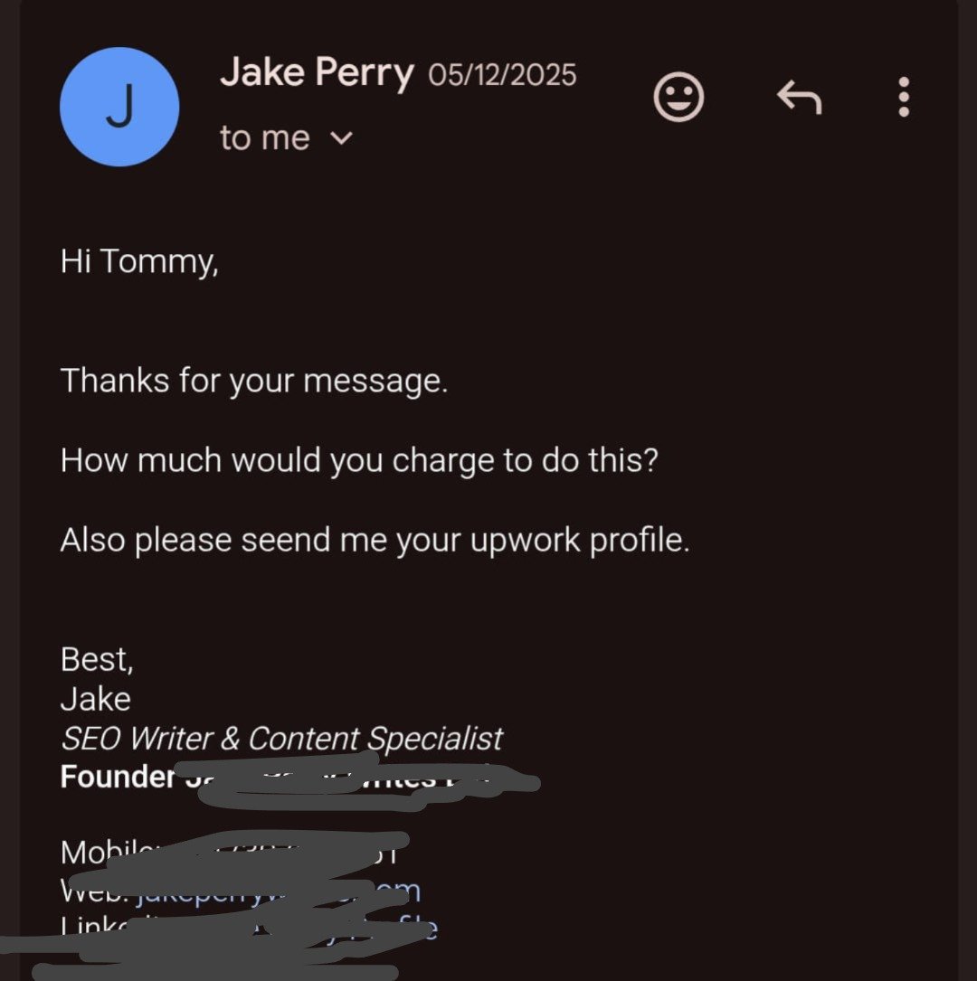 Email reply from a copywriter asking about rates and Upwork profile