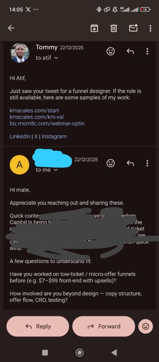 Twitter DM conversation with a prospect about funnel design samples