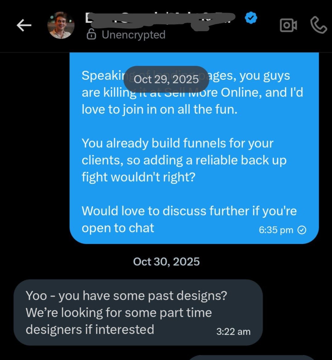 Chat conversation with an agency asking about past designs and part time designers
