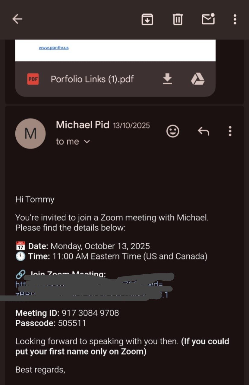Email thread confirming a scheduled Zoom meeting with a client